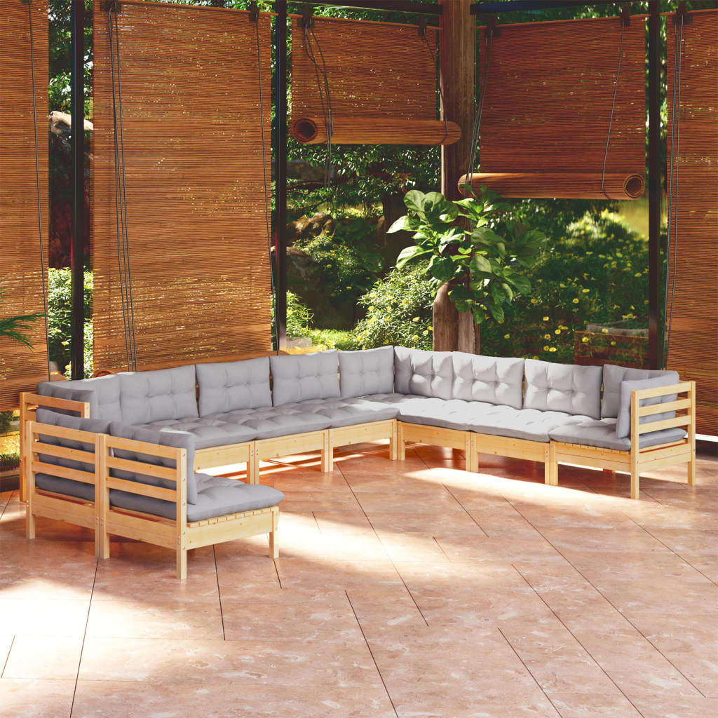 10-delige Loungeset met grijze kussens massief grenenhout is nu te koop bij PeponiXL, paradijselijk wonen!