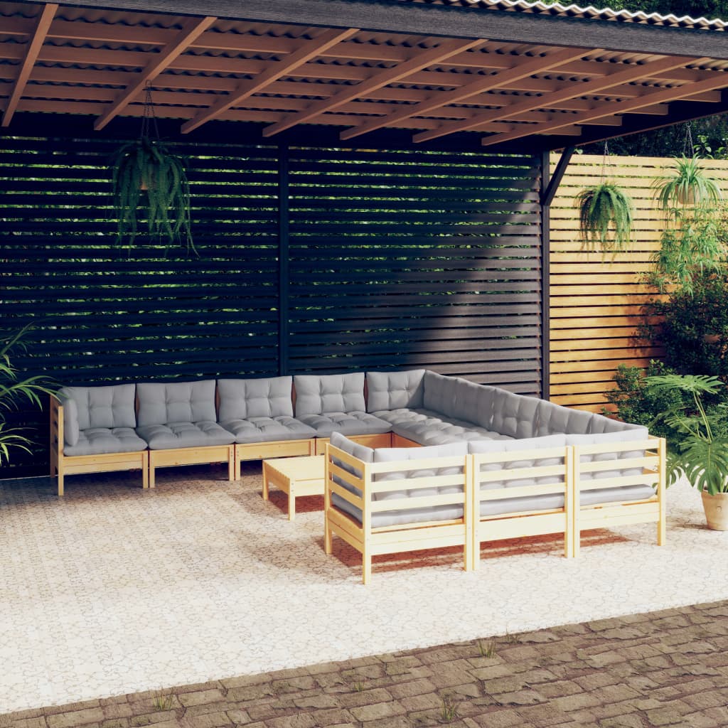 12-delige Loungeset met grijze kussens massief grenenhout is nu te koop bij PeponiXL, paradijselijk wonen!