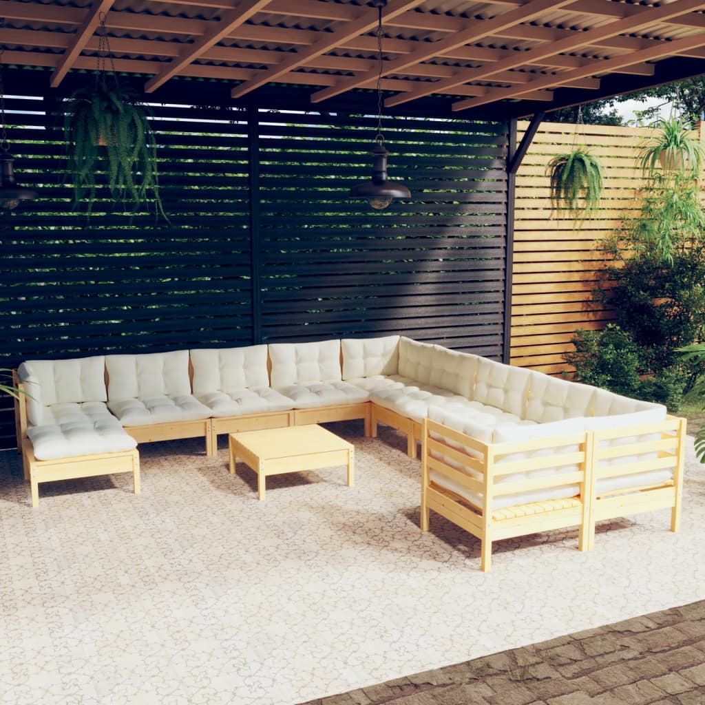 12-delige Loungeset met crèmekleurig kussens grenenhout is nu te koop bij PeponiXL, paradijselijk wonen!