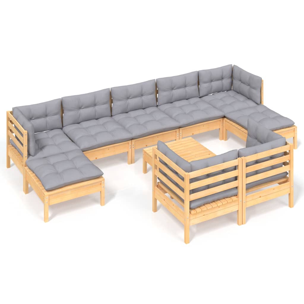 10-delige Loungeset met grijze kussens massief grenenhout is nu te koop bij PeponiXL, paradijselijk wonen!