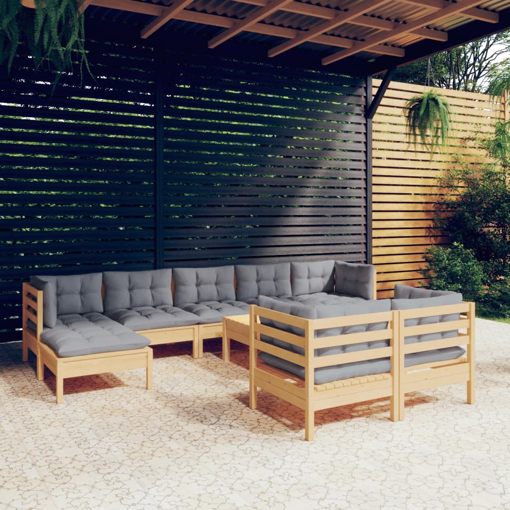 10-delige Loungeset met grijze kussens massief grenenhout is nu te koop bij PeponiXL, paradijselijk wonen!
