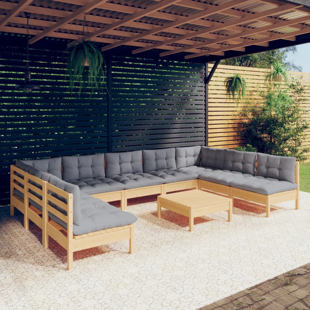 10-delige Loungeset met grijze kussens massief grenenhout is nu te koop bij PeponiXL, paradijselijk wonen!