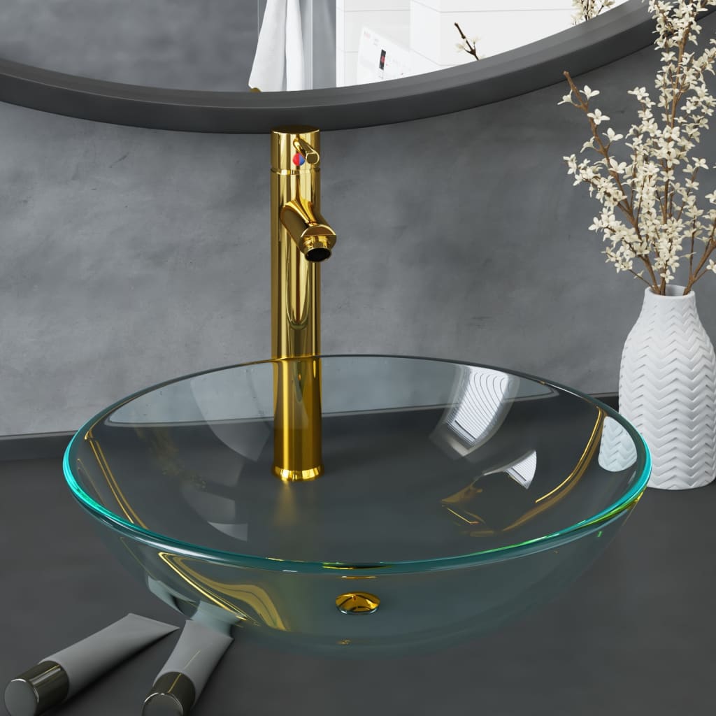 Wastafel met kraan en pop-up afvoer gehard glas transparant is nu te koop bij PeponiXL, paradijselijk wonen!