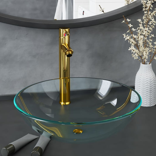 Wastafel met kraan en pop-up afvoer gehard glas transparant is nu te koop bij PeponiXL, paradijselijk wonen!