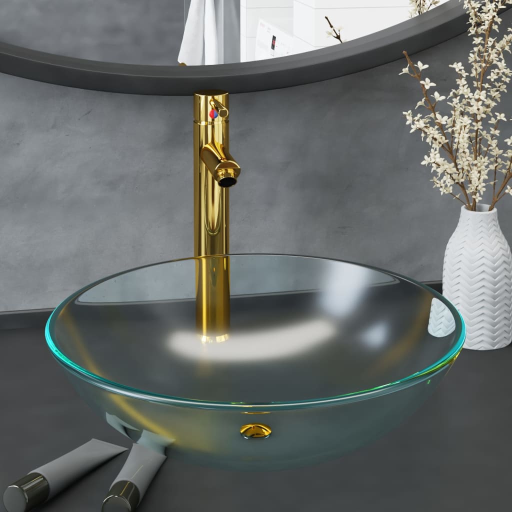 Wastafel met kraan en pop-up afvoer mat gehard glas is nu te koop bij PeponiXL, paradijselijk wonen!