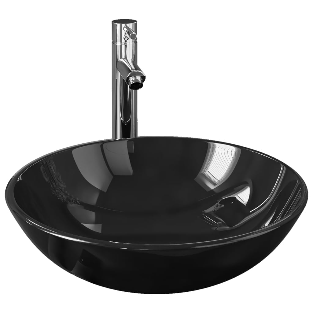 Wastafel met kraan en pop-up afvoer gehard glas zwart is nu te koop bij PeponiXL, paradijselijk wonen!