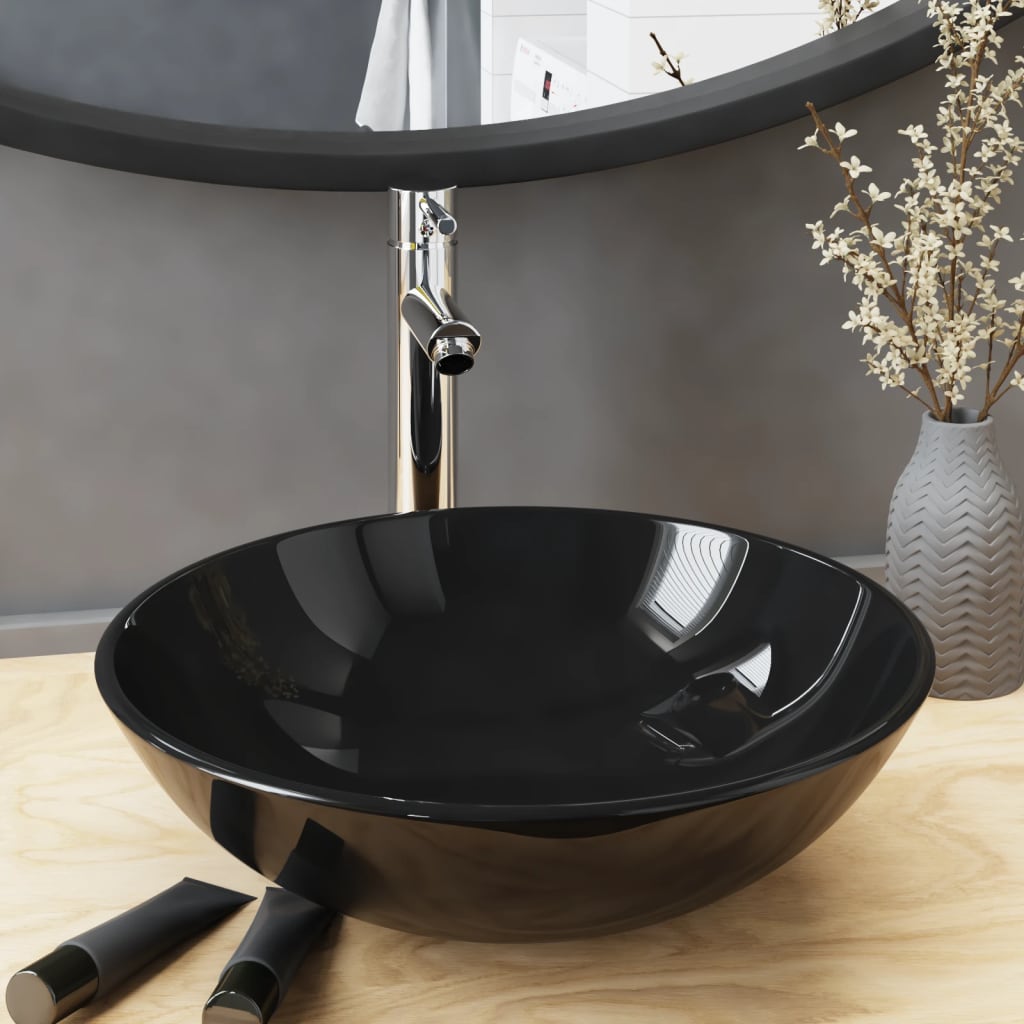 Wastafel met kraan en pop-up afvoer gehard glas zwart is nu te koop bij PeponiXL, paradijselijk wonen!
