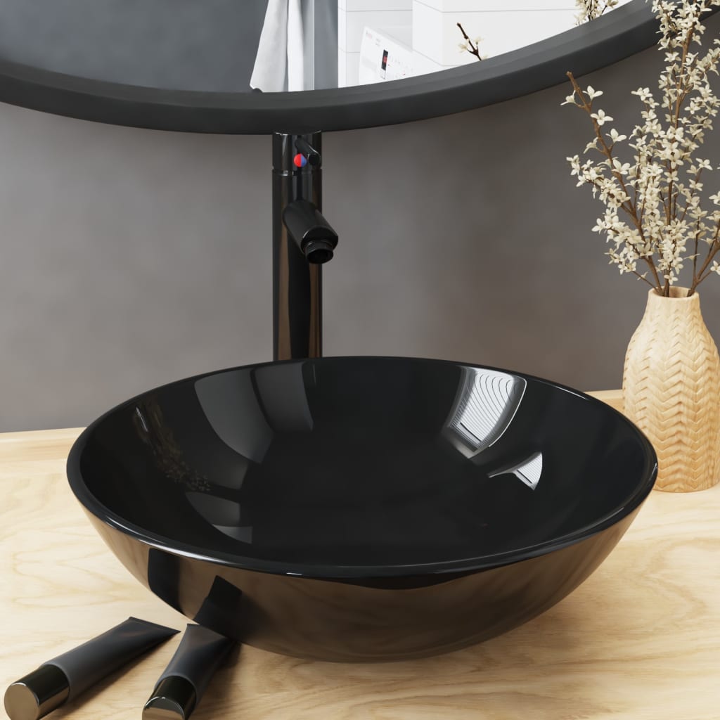 Wastafel met kraan en pop-up afvoer gehard glas zwart is nu te koop bij PeponiXL, paradijselijk wonen!