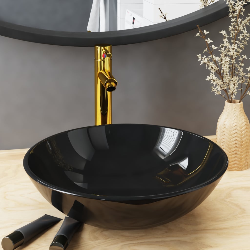 Wastafel met kraan en pop-up afvoer gehard glas zwart is nu te koop bij PeponiXL, paradijselijk wonen!