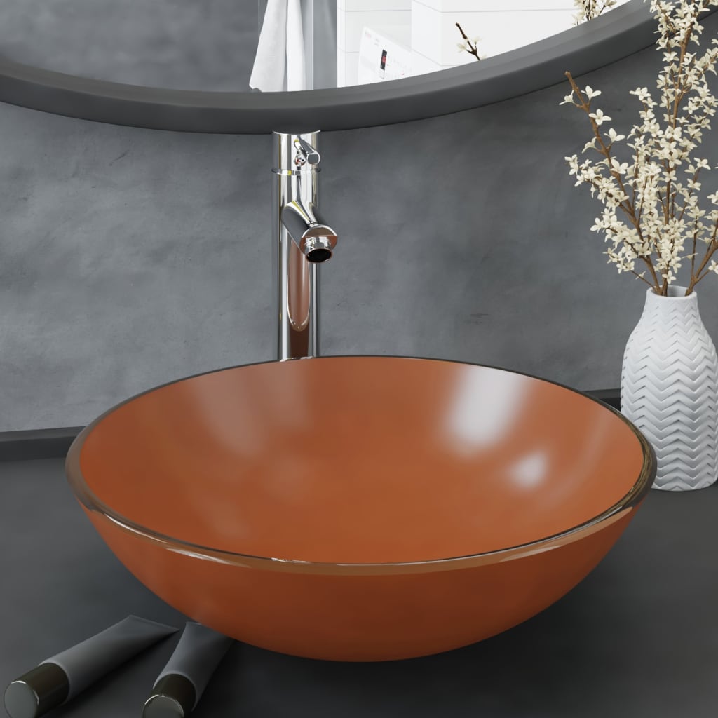 Wastafel met kraan en pop-up afvoer gehard glas bruin is nu te koop bij PeponiXL, paradijselijk wonen!