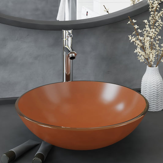 Wastafel met kraan en pop-up afvoer gehard glas bruin is nu te koop bij PeponiXL, paradijselijk wonen!
