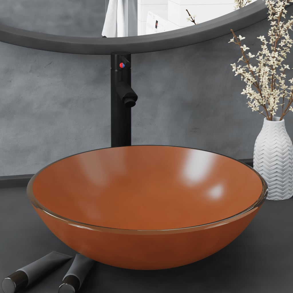 Wastafel met kraan en pop-up afvoer gehard glas bruin is nu te koop bij PeponiXL, paradijselijk wonen!
