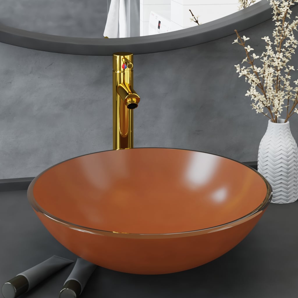 Wastafel met kraan en pop-up afvoer gehard glas bruin is nu te koop bij PeponiXL, paradijselijk wonen!