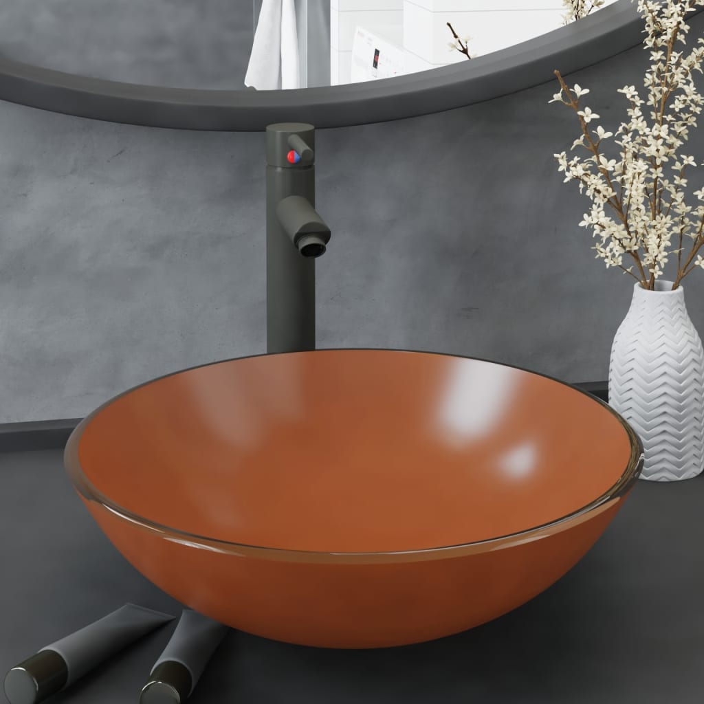 Wastafel met kraan en pop-up afvoer gehard glas bruin is nu te koop bij PeponiXL, paradijselijk wonen!