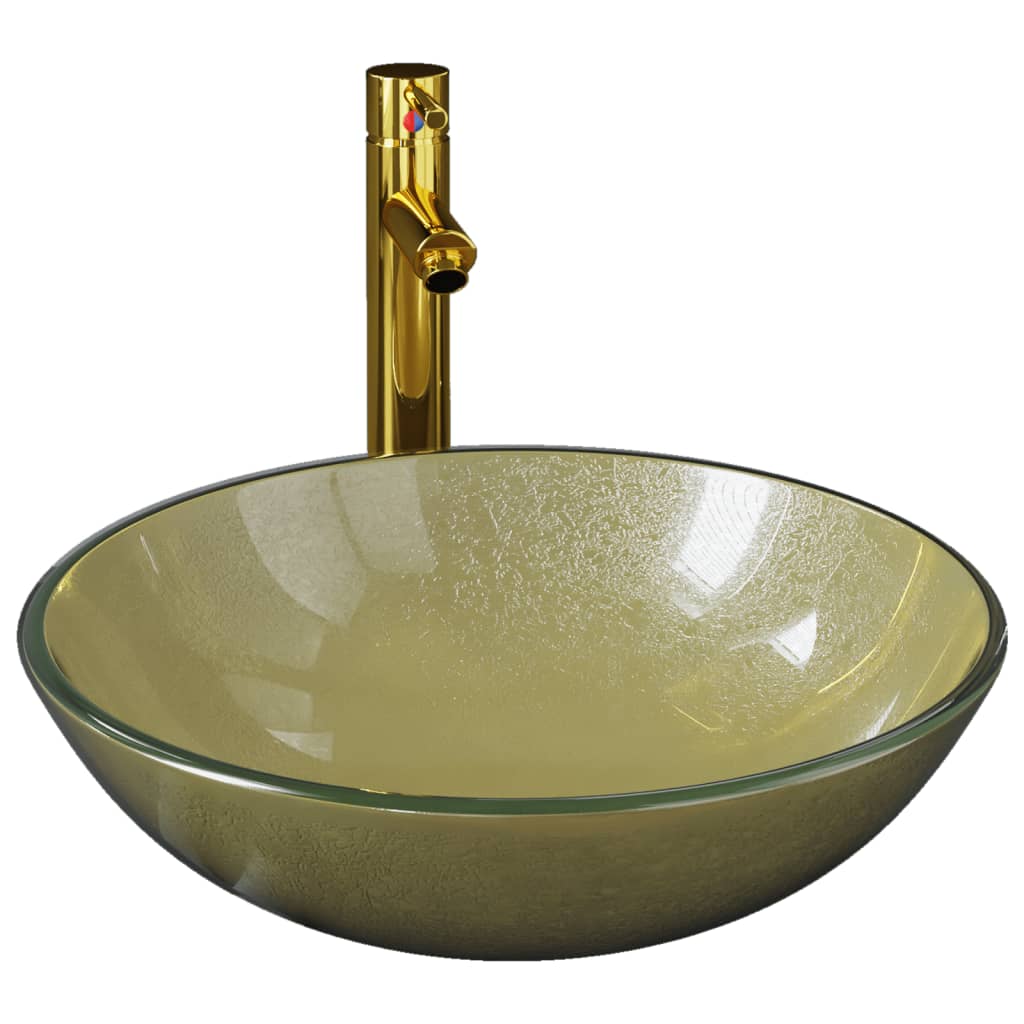 Wastafel met kraan en pop-up afvoer gehard glas goudkleurig is nu te koop bij PeponiXL, paradijselijk wonen!