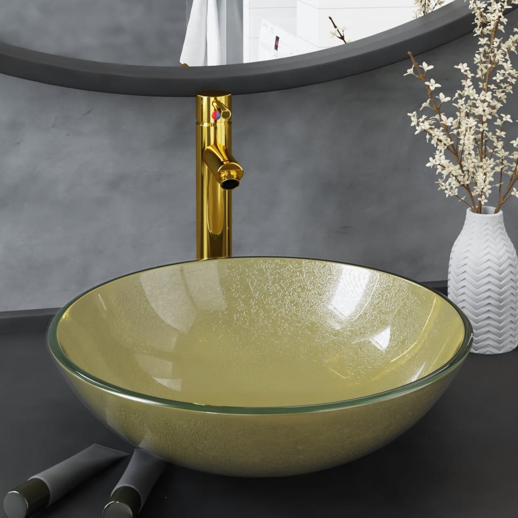 Wastafel met kraan en pop-up afvoer gehard glas goudkleurig is nu te koop bij PeponiXL, paradijselijk wonen!