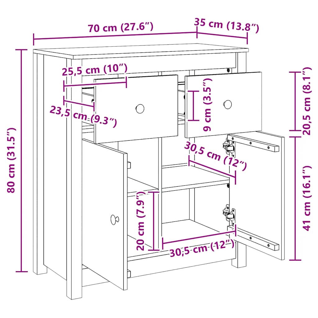 Dressoir 70x35x80 cm massief grenenhout wit is nu te koop bij PeponiXL, paradijselijk wonen!
