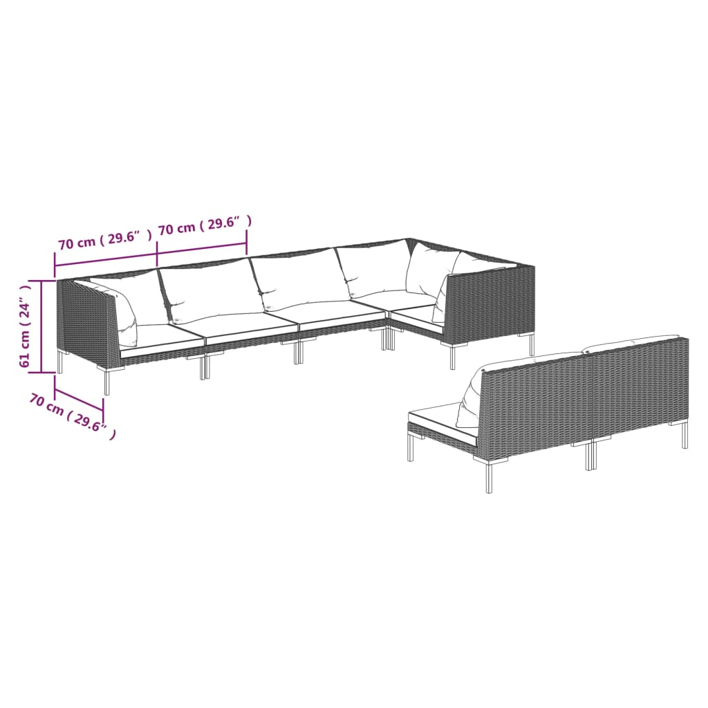7-delige Loungeset met kussens poly rattan donkergrijs