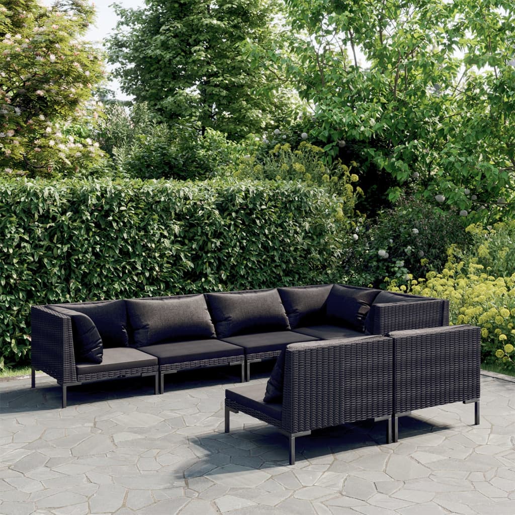 7-delige Loungeset met kussens poly rattan donkergrijs