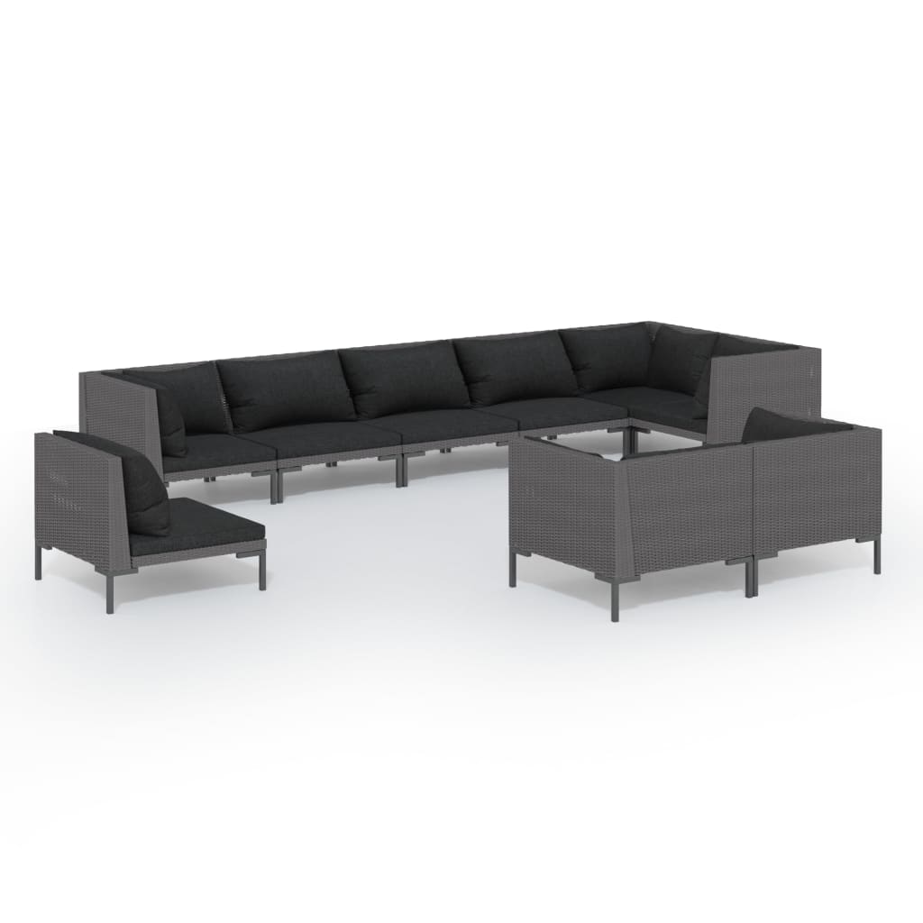 9-delige Loungeset met kussens poly rattan donkergrijs