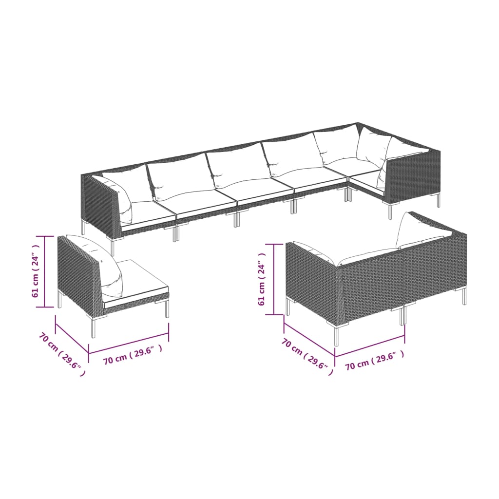 9-delige Loungeset met kussens poly rattan donkergrijs
