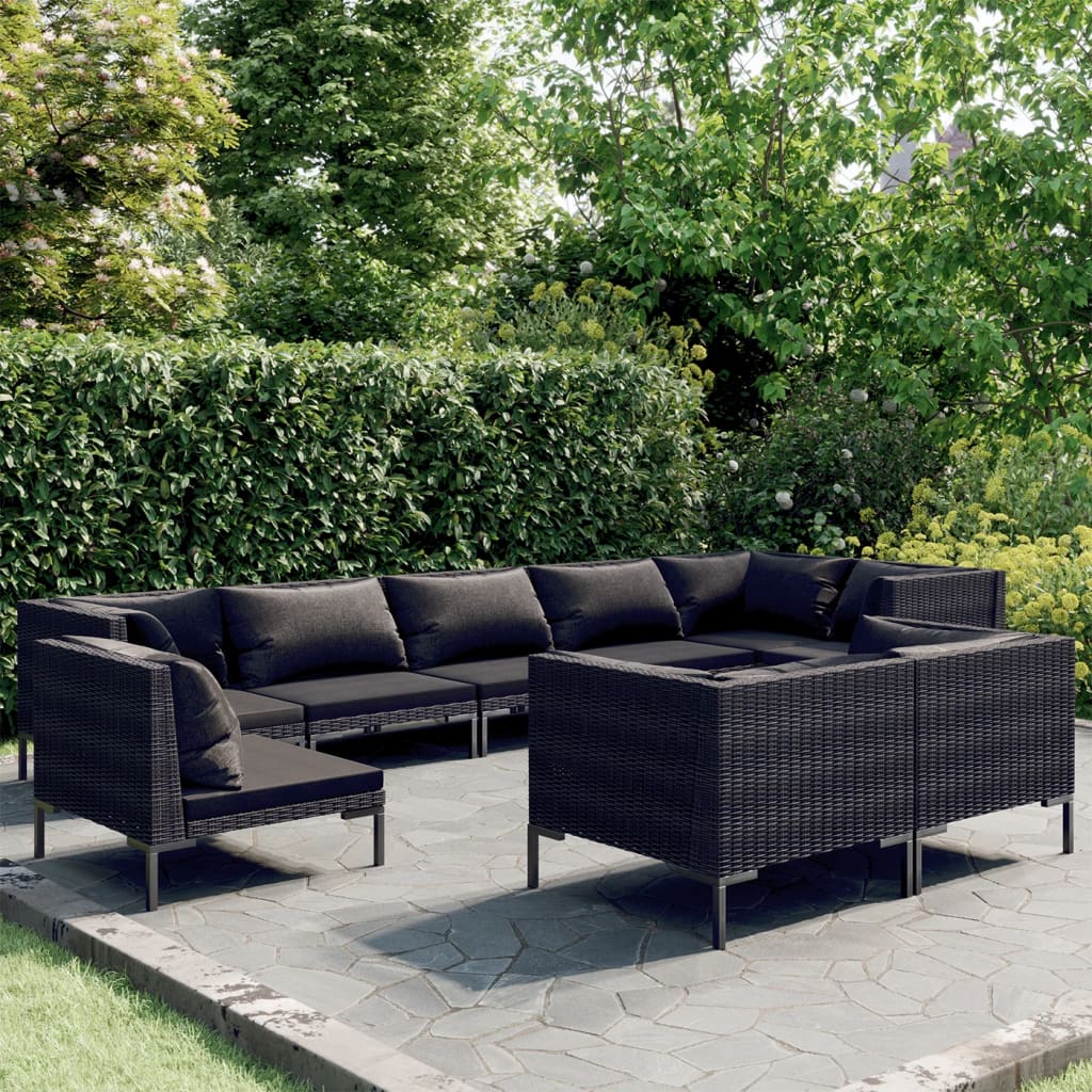 9-delige Loungeset met kussens poly rattan donkergrijs