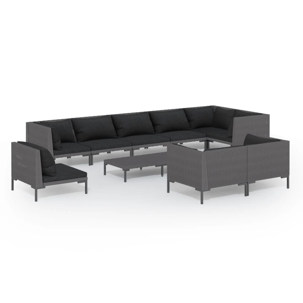 10-delige Loungeset met kussens poly rattan donkergrijs