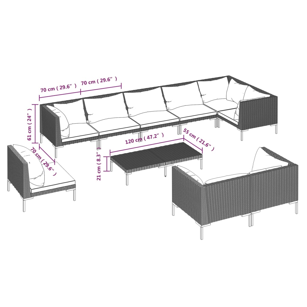 10-delige Loungeset met kussens poly rattan donkergrijs