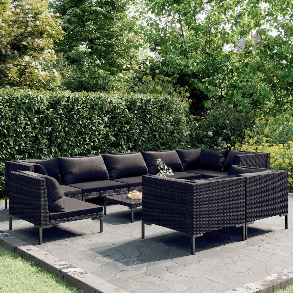 10-delige Loungeset met kussens poly rattan donkergrijs