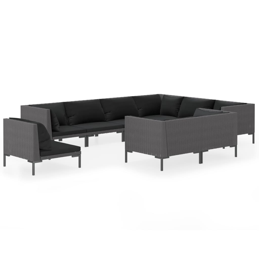 9-delige Loungeset met kussens poly rattan donkergrijs
