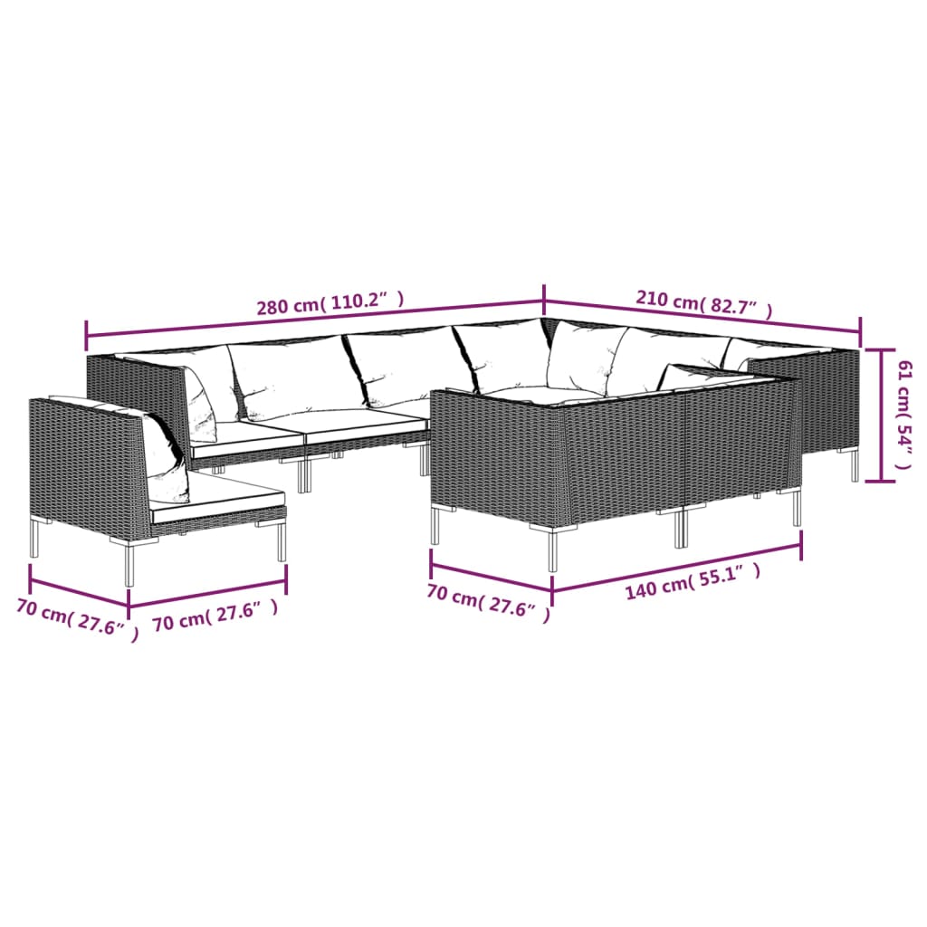 9-delige Loungeset met kussens poly rattan donkergrijs