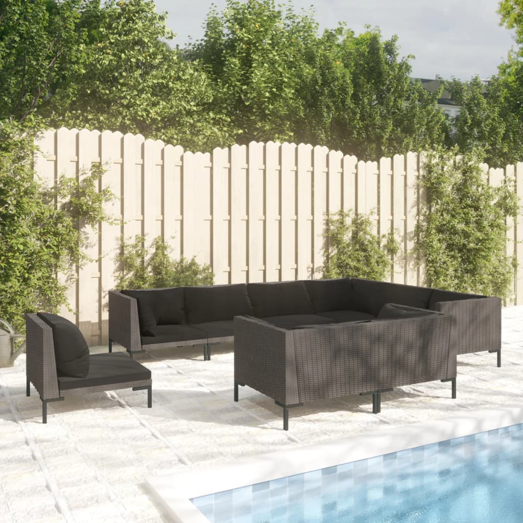 9-delige Loungeset met kussens poly rattan donkergrijs