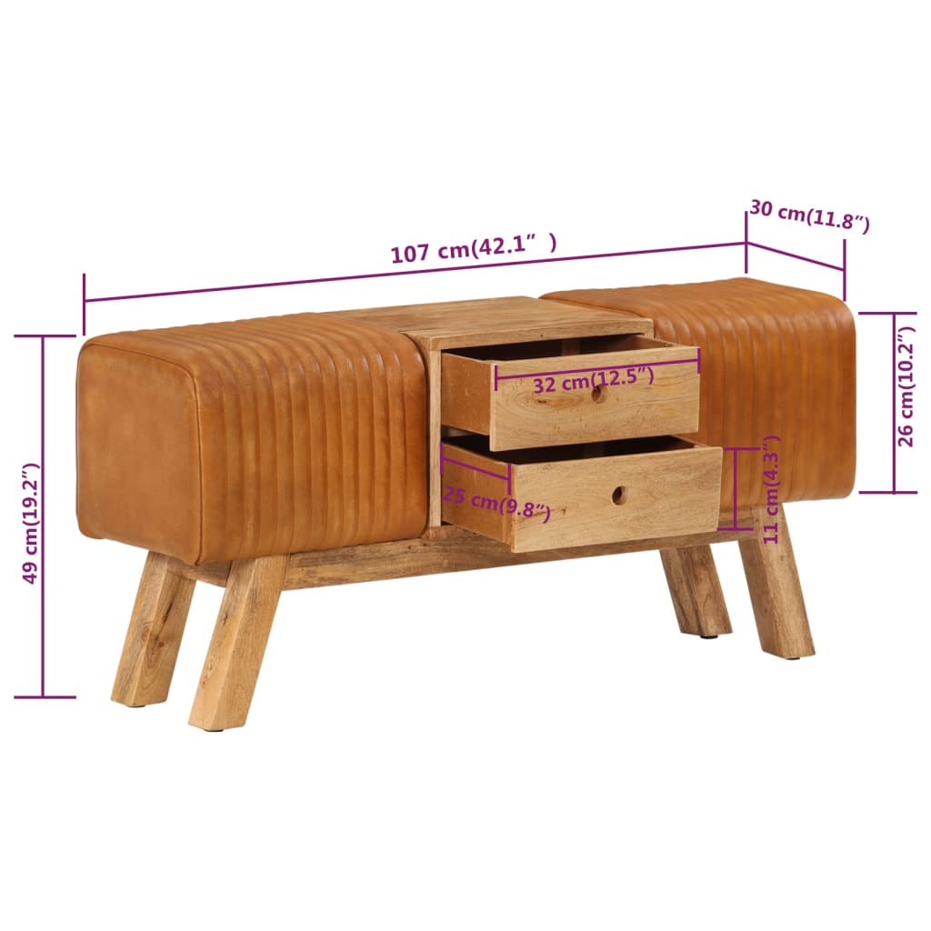 Bankje turnbok 107 cm echt geitenleer massief mangohout bruin is nu te koop bij PeponiXL, paradijselijk wonen!