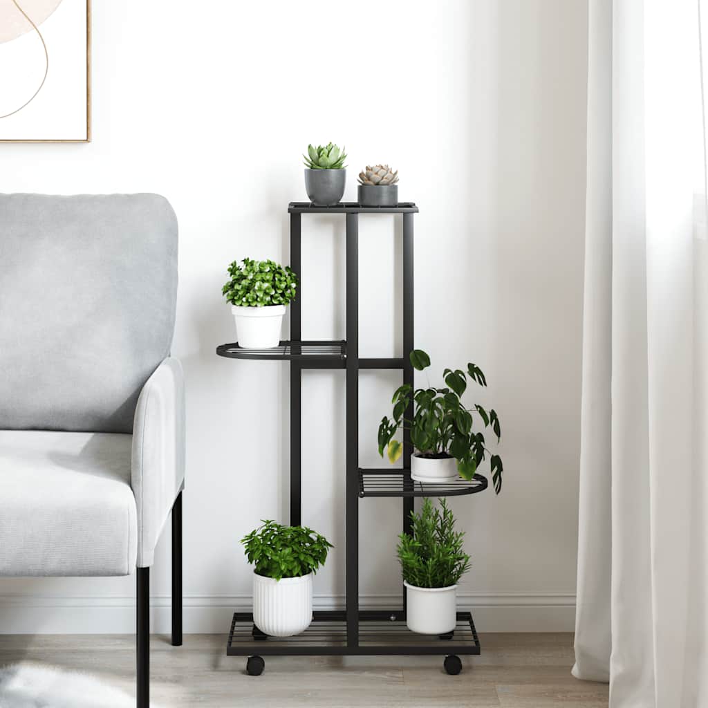 Bloemenstandaard met wielen 4-laags 44x23x80 cm ijzer zwart is nu te koop bij PeponiXL, paradijselijk wonen!