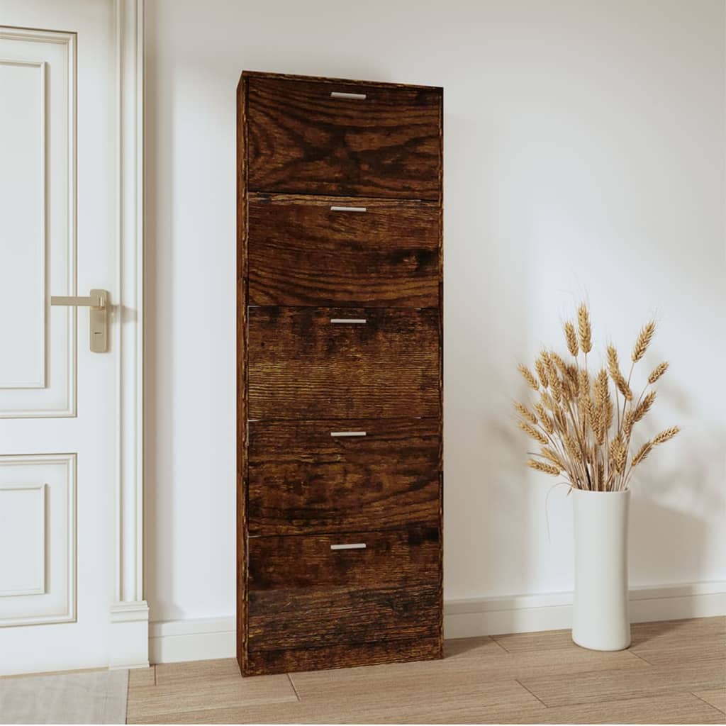 Schoenenkast 59x17x169 cm bewerkt hout gerookt eikenkleurig is nu te koop bij PeponiXL, paradijselijk wonen!