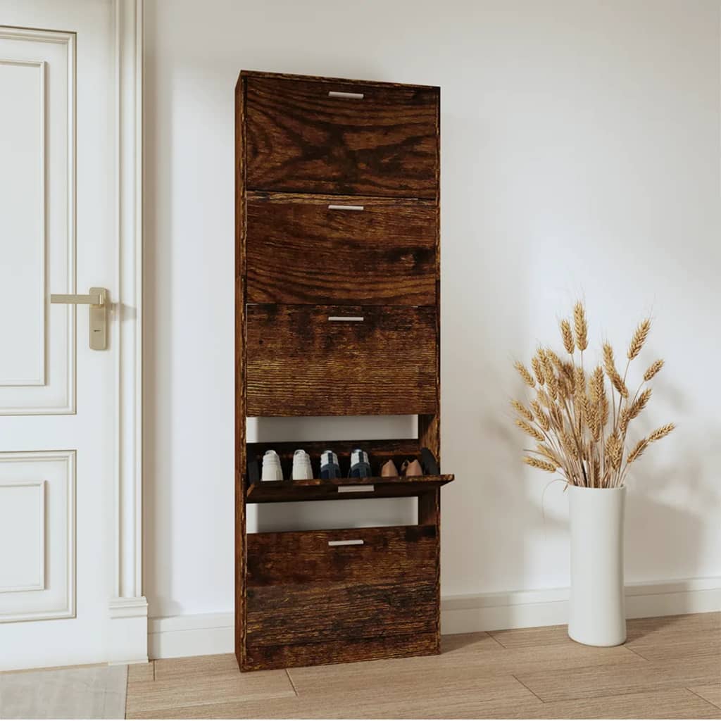 Schoenenkast 59x17x169 cm bewerkt hout gerookt eikenkleurig is nu te koop bij PeponiXL, paradijselijk wonen!