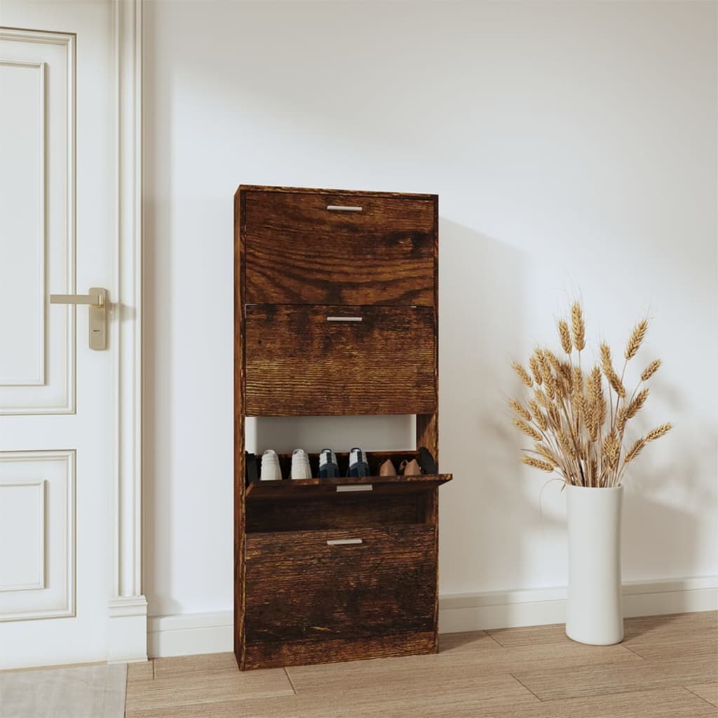 Schoenenkast 59x17x150 cm bewerkt hout gerookt eikenkleurig is nu te koop bij PeponiXL, paradijselijk wonen!