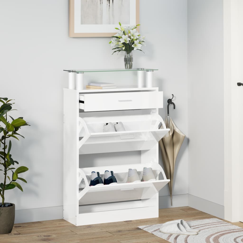 Schoenenkast 63x24x104 cm bewerkt hout hoogglans wit is nu te koop bij PeponiXL, paradijselijk wonen!