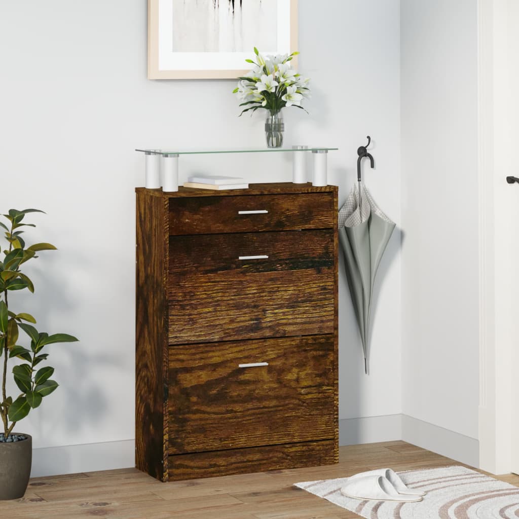Schoenenkast 63x24x104 cm bewerkt hout gerookt eikenkleurig is nu te koop bij PeponiXL, paradijselijk wonen!