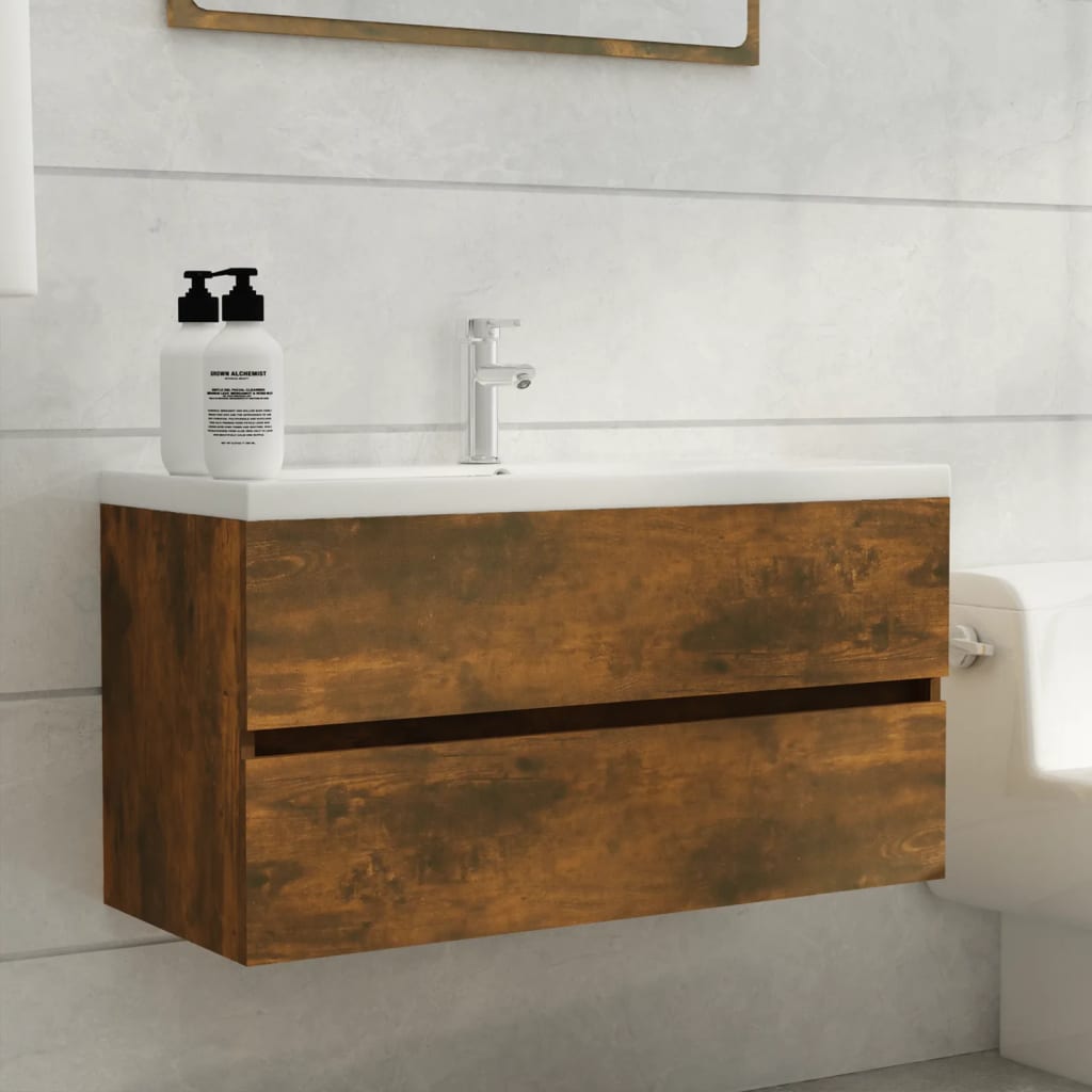 Wastafelkast 90x38,5x45 cm bewerkt hout gerookt eikenkleurig is nu te koop bij PeponiXL, paradijselijk wonen!