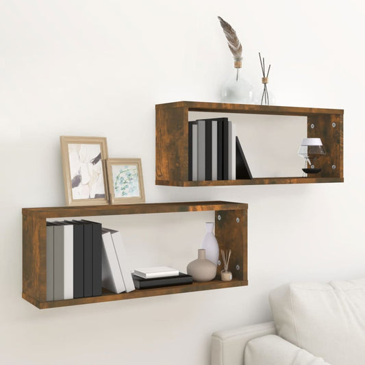 Wandschappen kubus 2 st 60x15x23 cm bewerkt hout gerookt eiken is nu te koop bij PeponiXL, paradijselijk wonen!