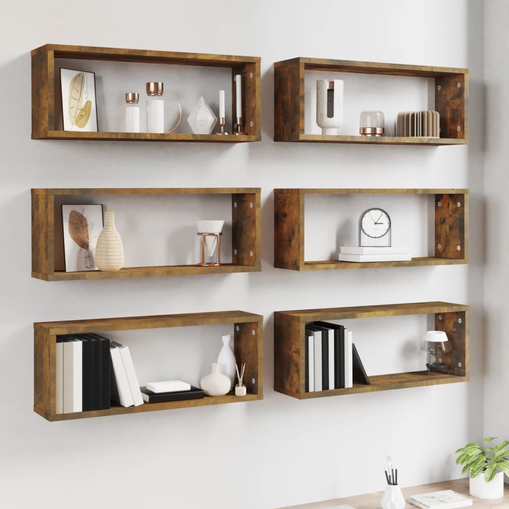 Wandschappen kubus 6 st 60x15x23 cm bewerkt hout gerookt eiken is nu te koop bij PeponiXL, paradijselijk wonen!