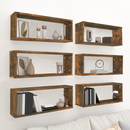 Wandschappen kubus 6 st 60x15x23 cm bewerkt hout gerookt eiken is nu te koop bij PeponiXL, paradijselijk wonen!
