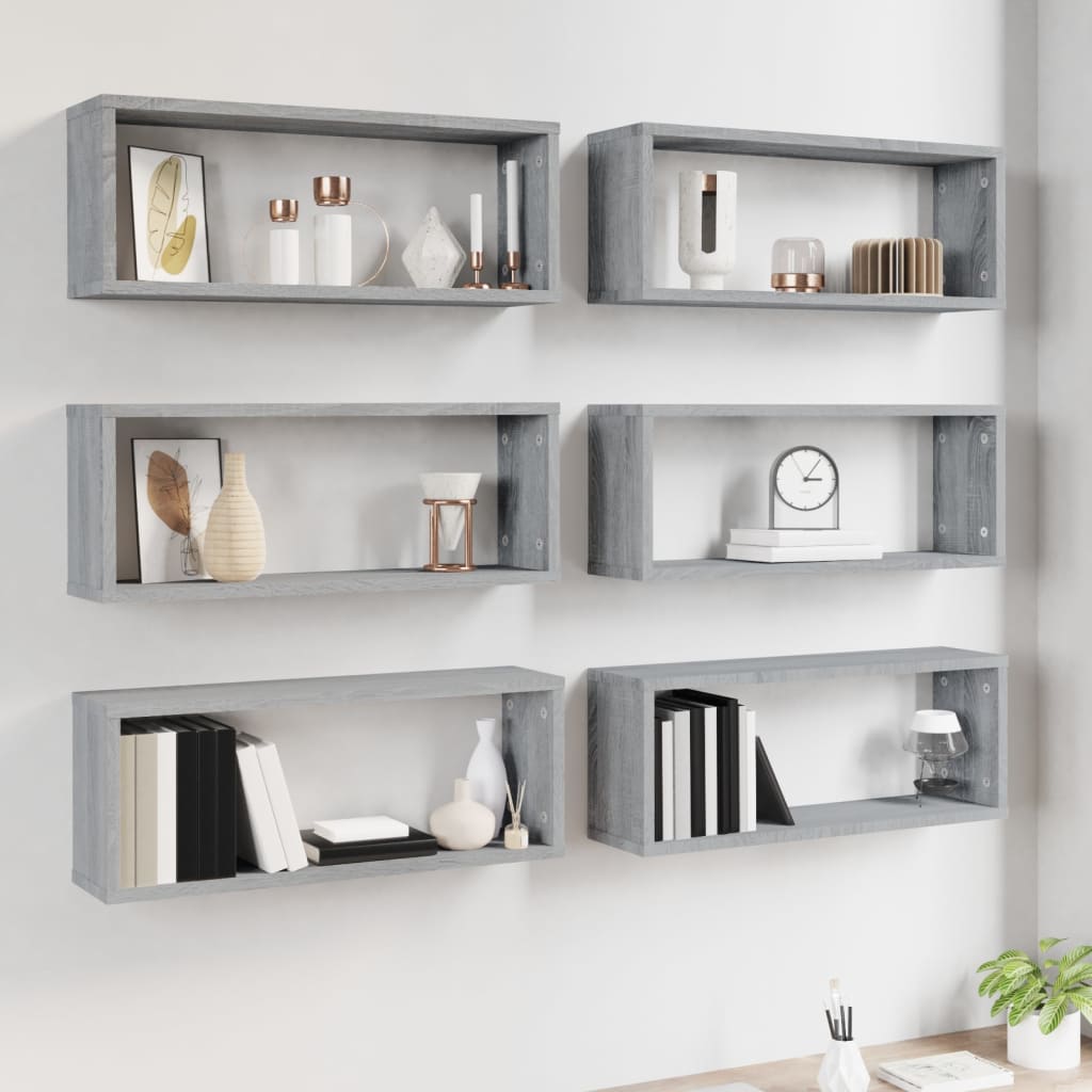 Wandschappen kubus 6 st 60x15x23 cm bewerkt hout grijs sonoma is nu te koop bij PeponiXL, paradijselijk wonen!
