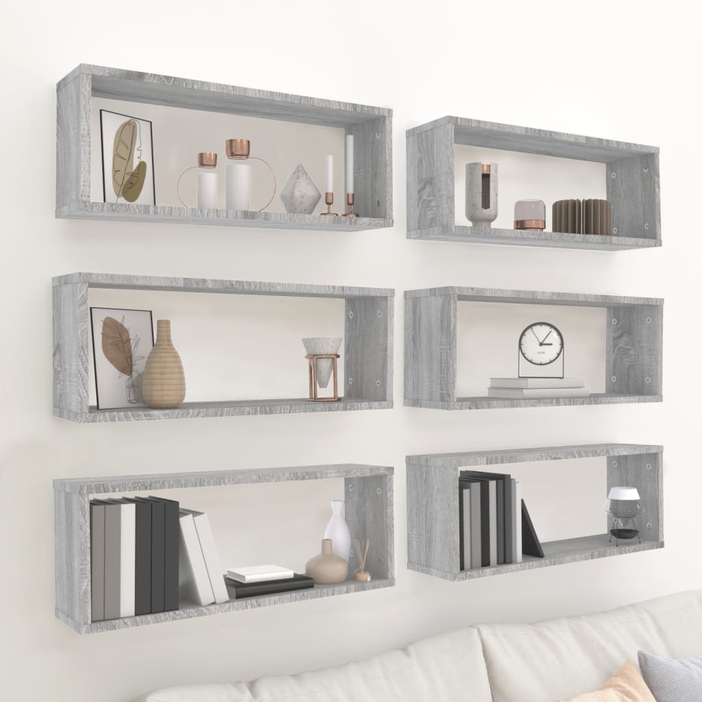 Wandschappen kubus 6 st 60x15x23 cm bewerkt hout grijs sonoma is nu te koop bij PeponiXL, paradijselijk wonen!