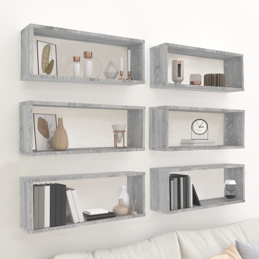 Wandschappen kubus 6 st 60x15x23 cm bewerkt hout grijs sonoma is nu te koop bij PeponiXL, paradijselijk wonen!
