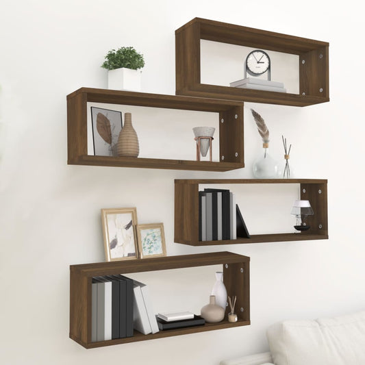 Wandschappen kubus 4 st 60x15x23 cm bewerkt hout bruin eiken is nu te koop bij PeponiXL, paradijselijk wonen!
