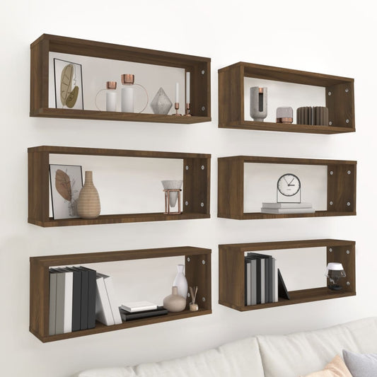 Wandschappen kubus 6 st 60x15x23 cm bewerkt hout bruin eiken is nu te koop bij PeponiXL, paradijselijk wonen!