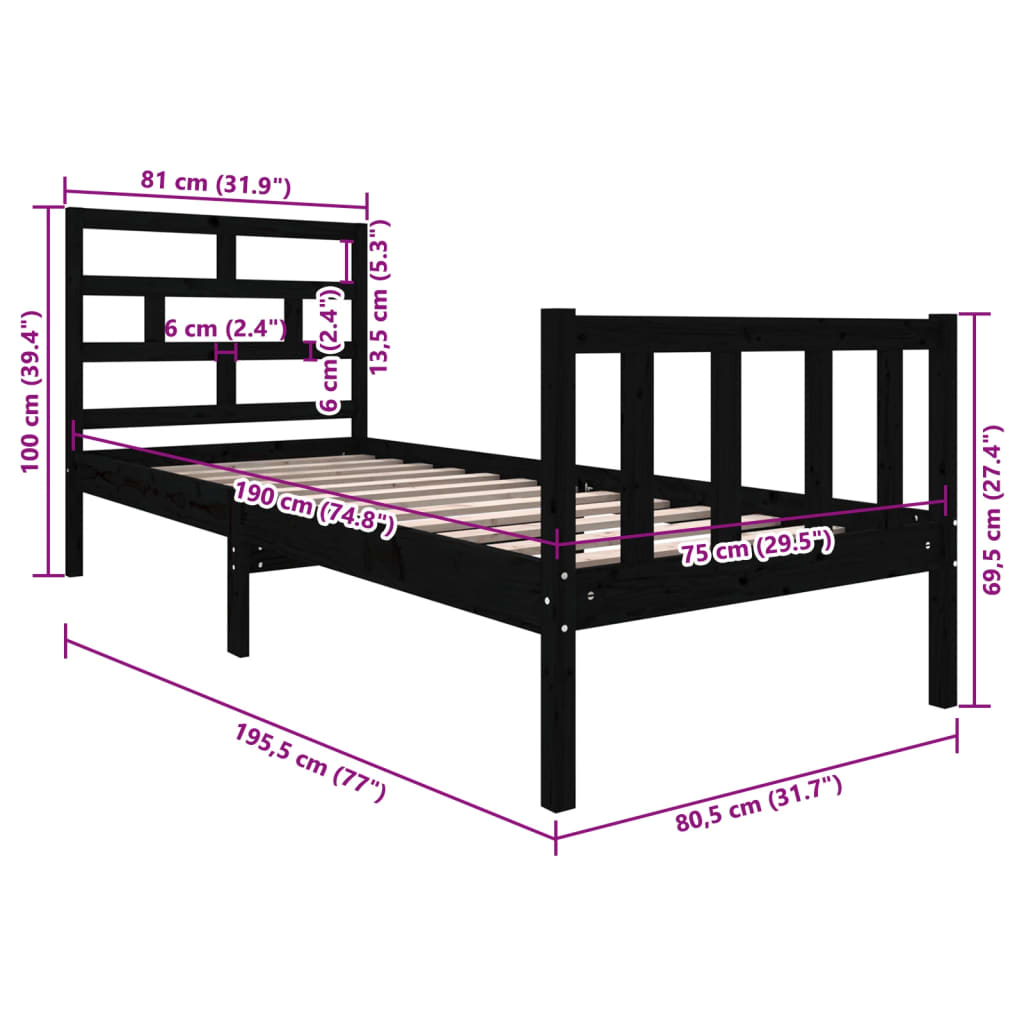 Bedframe massief grenenhout zwart 75x190 cm is nu te koop bij PeponiXL, paradijselijk wonen!
