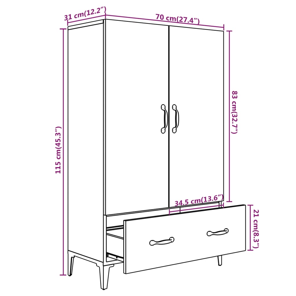 Hoge kast 70x31x115 cm bewerkt hout betongrijs is nu te koop bij PeponiXL, paradijselijk wonen!
